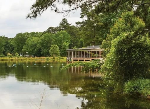 a house on the shore of a lake